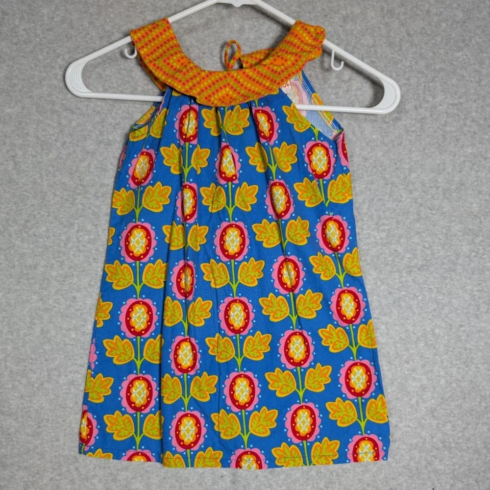 Hippo Hula Girls Dress 4T Blue Floral Halter Orange Polka Dot Collar Kitschy